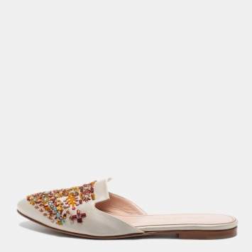 Pre Owned Oscar de la Renta White Satin Embellished Mules Size 39