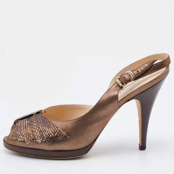 Pre Owned Oscar de la Renta Metallic Brown Python Embossed Leather Slingback Peep Toe Pumps Size 38