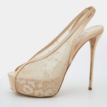 Pre Owned Oscar de la Renta Beige Leather and Mesh Slingback Platform Pumps Size 38.5