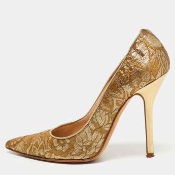 Pre Owned Oscar de la Renta Golden Brocade Fabric Pointed Toe Pumps Size 38