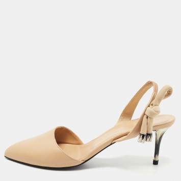 Pre Owned Oscar de la Renta Beige Leather Cora Knot Slingback Pumps Size 39.5