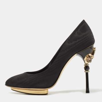 Pre Owned Oscar de la Renta Black Moire Fabric Round Toe Platform Pumps Size 37.5
