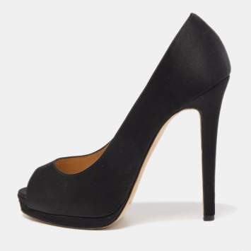 Pre Owned Oscar de la Renta Black Satin Platform Peep Toe Pumps Size 38.5