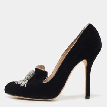 Pre Owned Oscar de la Renta Black Velvet Crystal Embellished Pumps Size 38.5
