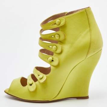 Pre Owned Oscar de la Renta Yellow Leather Caged Ankle Length Wedge Sandals Size 37.5