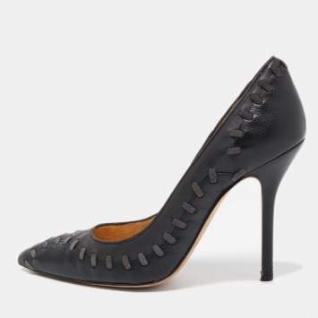 Pre Owned Oscar de la Renta Black Leather Pointed Toe Pumps Size 38
