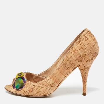 Pre Owned Oscar de la Renta Light Brown Cork Embellished Peep Toe Pumps Size 36