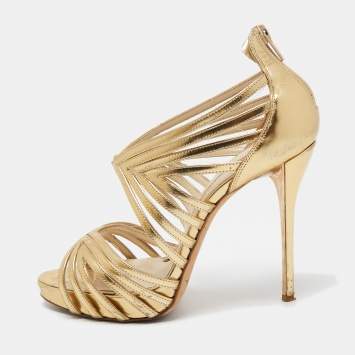 Pre Owned Oscar de la Renta Gold Leather Strappy Sandals Size 37.5