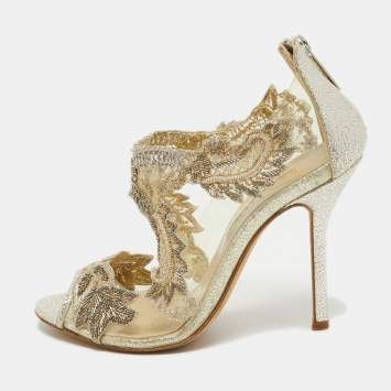 Pre Owned Oscar de la Renta Metallic PVC and Texture Leather Ambria Sandals Size 37.5