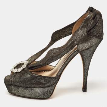 Pre Owned Oscar de la Renta Metallic Texture Suede Crystal Embellished Cutout Pumps Size 37