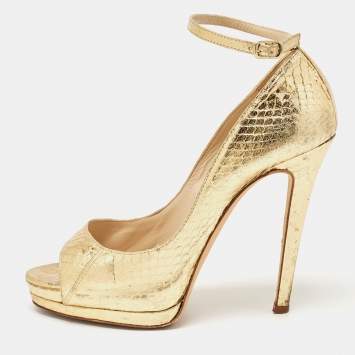 Pre Owned Oscar de la Renta Metallic Gold Python Embossed Peep Toe Ankle Strap Pumps Size 37.5