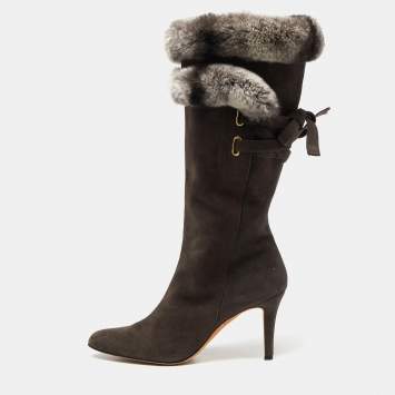 Pre Owned Oscar de la Renta Dark Grey Suede and Mink Fur Knee Length Boots Size 39