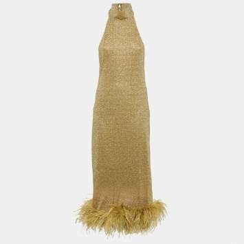 مملوكة مسبقًا Oseree Gold Lurex Knit Ostrich Feather Detail Halter Neck Midi Dress M