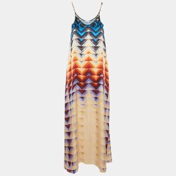 Pre Owned Paco Rabanne Multicolor Abstract Print Satin Chain Strap Maxi Dress S