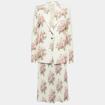 Pre Owned Paco Rabanne Cream Rose Print Cotton and Plisse Skirt Suit M/L