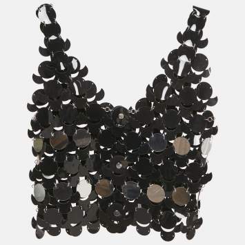 Pre Owned Paco Rabanne Black Synthetic Sequin Sheer Crop Top S