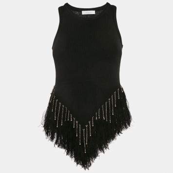 Paco Rabanne Black Linin Rib Knit Embellished Raw Edge Tank Top S