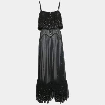Pre Owned Rabanne x H&M Black Studded Chiffon Flounce Maxi Dress S