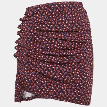 Pre Owned Paco Rabanne Black Floral Print Jersey Ruched Jupe Mini Skirt S