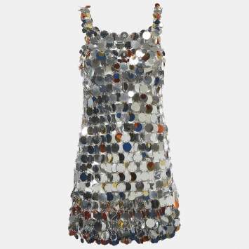 Pre Owned Paco Rabanne Silver Sequin Disc Mini Dress S