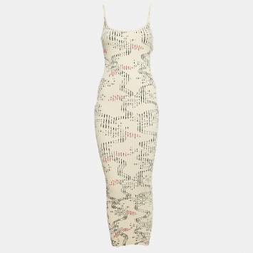 Pre Owned Paco Rabbane Cream Floral Print Rib Knit Midi Dress M