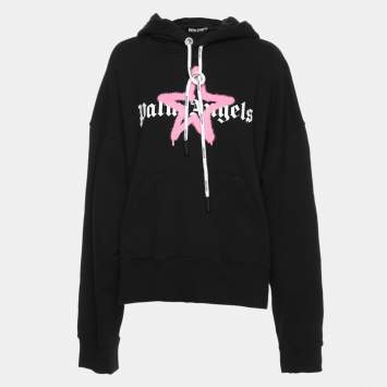 Pre Owned Palm Angels Black Cotton Knit Star Sprayed Logo Hoodie S