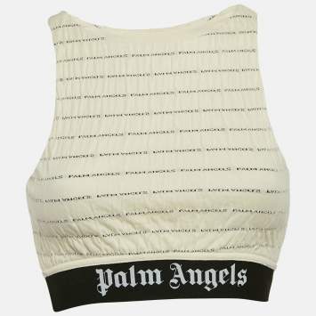 Pre Owned Palm Angels Cream Logo Print Crinkled Jersey Crop Top M