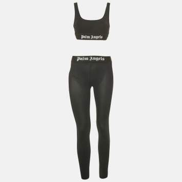 Pre Owned Palm Angels Black Nylon Jersey Logo Detail Sports Bra and Leggings Set XS