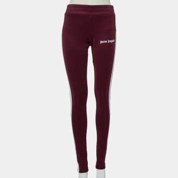 Pre Owned Palm Angels Burgundy Logo Printed Jersey Side Strip Detail Track Leggings L