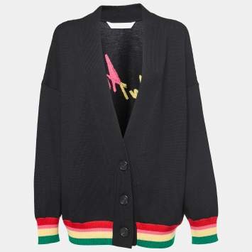Pre Owned Palm Angels Black Wool Logo Cardigan M