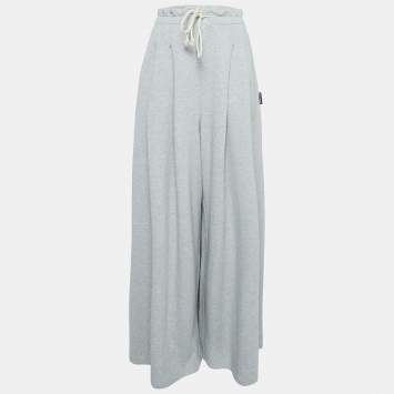 Pre Owned Palm Angels Grey Cotton Wide Leg Drawstring Pants L