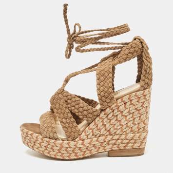 Pre Owned Paloma Barceló Brown Woven Suede Ankle Wrap Espadrille Wedge Sandals Size 38