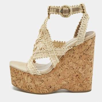 Pre Owned Paloma Barceló Beige Raffia Cork Platform Wedge Sandals Size 41