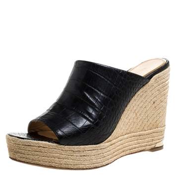 Pre Owned Paloma Barceló Black Croc Embossed Leather Espadrille Wedge Sandals Size 40