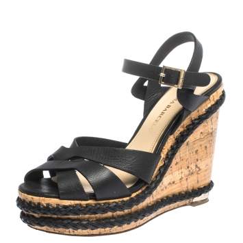Pre Owned Paloma Barceló Black Strappy Leather Ankle Strap Platform Cork Wedge Sandals Size 37