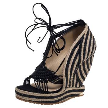 Pre Owned Paloma Barceló Black/Beige Woven Satin Cord Ankle Wrap Espadrille Platform Wedge Sandals Size 38