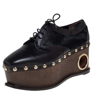 Pre Owned Paloma Barceló Black Leather and Pony Hair Studded Wedge Oxfords Size 38
