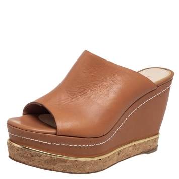 Pre Owned Paloma Barcelo Tan Leather Mule Platform Wedge Sandals Size 37