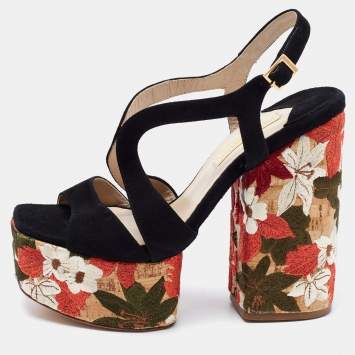 Pre Owned Paloma Barceló Black Suede Embroidered Platform Block Heel Sandals Size 40
