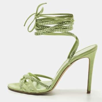 مملوكة مسبقًا Paris Texas Size 39 Green Suede Crystal Embellished Ankle Strap Sandals