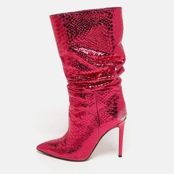 Pre Owned Paris Texas Size 38 Metallic Python Embossed Leather Mid Calf Boots
