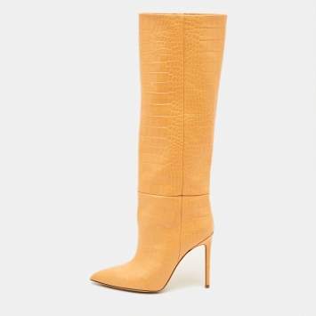 مملوكة مسبقًا Paris Texas Deia Size 38 Orange Croc Embossed Leather Knee Length Boots