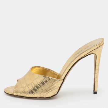 Pre Owned Paris Texas Size 38.5 Gold Metallic Faux Croc Effect Leather Slide Sandals