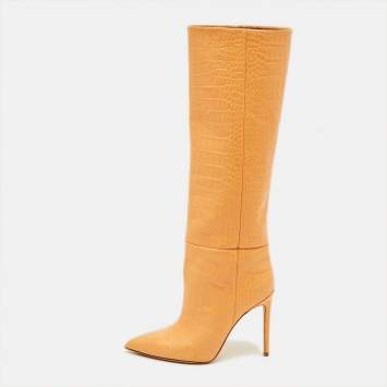 مملوكة مسبقًا Paris Texas Size 38 Orange Croc Embossed Leather Knee Length Boots