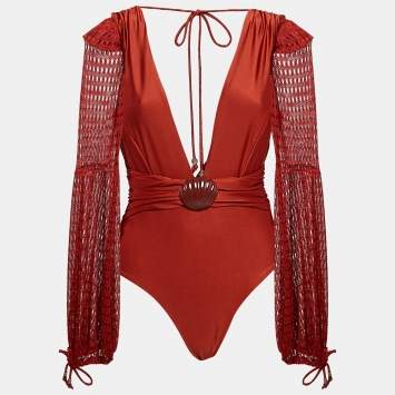 Pre Owned PATBO Brick Red Knit Netted Sleeve Detail Swimsuit L