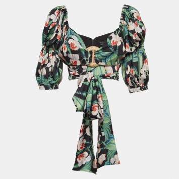 Pre Owned PATBO Green Floral Print Satin Off-Shoulder Tie-Up Top L