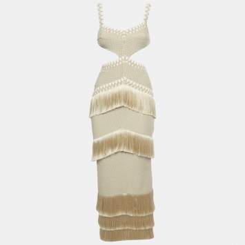 Pre Owned PATBO Beige Metallic Knit Fringe Detail Maxi Dress XS