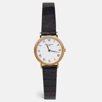 Pre Owned Patek Philippe White 18K Yellow Gold Alligator Leather Calatrava 4819 Women's Wristwatch 25 mm
