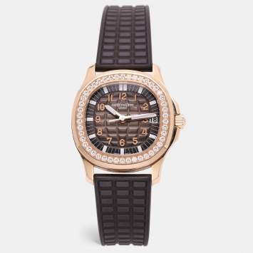 Pre Owned Patek Philippe 18K Rose Gold and Diamond Taupe Dial Aquanaut 5268/R-001 Women's Wristwatch 35 mm