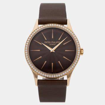 Pre Owned Pre-Owned Patek Philippe Calatrava 4897R-001 Brown Manual Winding 18k Rose Gold Women's Wristwatch 33 mm